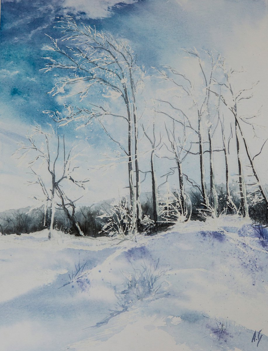 Impressionistic Landscape Watercolour By Aneta Gajos, 12 X 16, Winter, Original Artwork