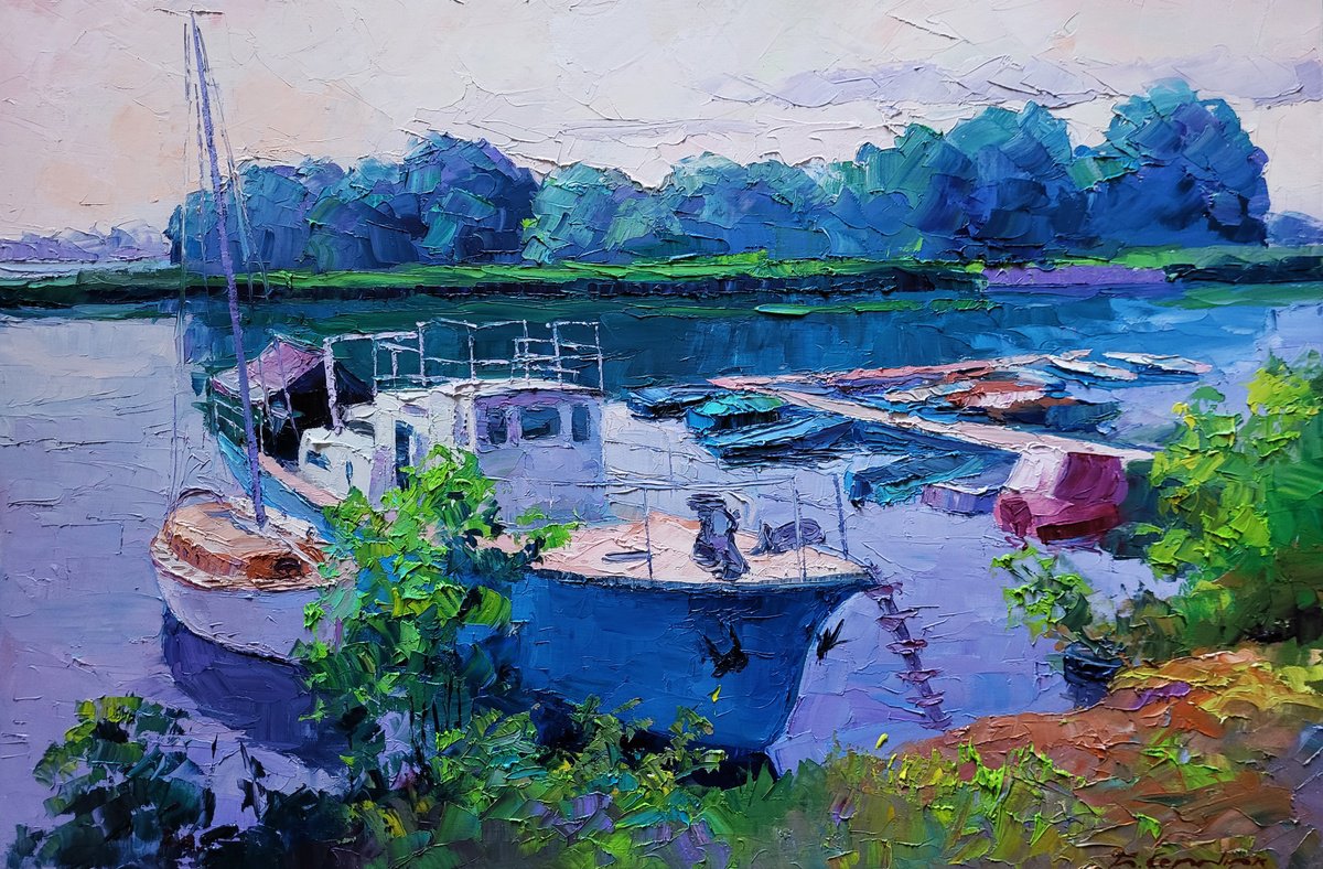 Impressionistic Landscape Oil Painting By Boris Serdyuk, 35 X 24, Ferry, Original Artwork