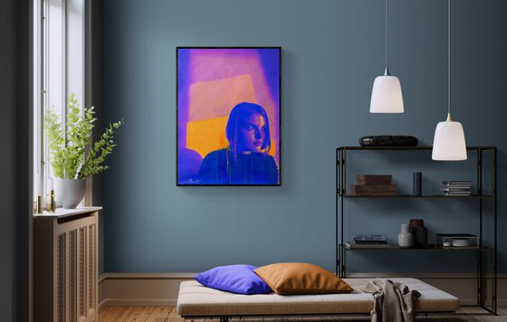 Bright painting - "Blue-orange girl" - Pop Art - Portrait - Neon art - 130x100cm