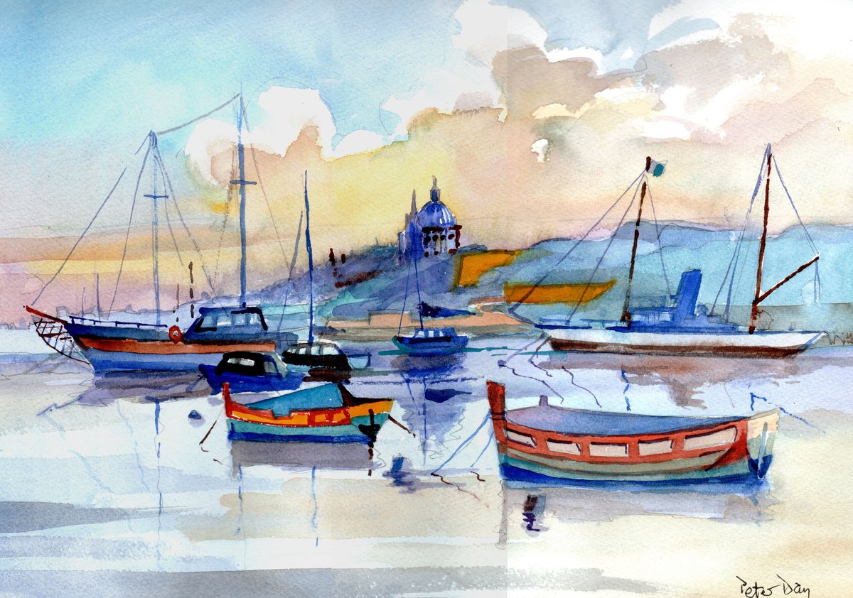 Impressionistic Landscape Watercolour By Peter Day, 17 X 13", Valletta From Sliema Malta, Original Artwork