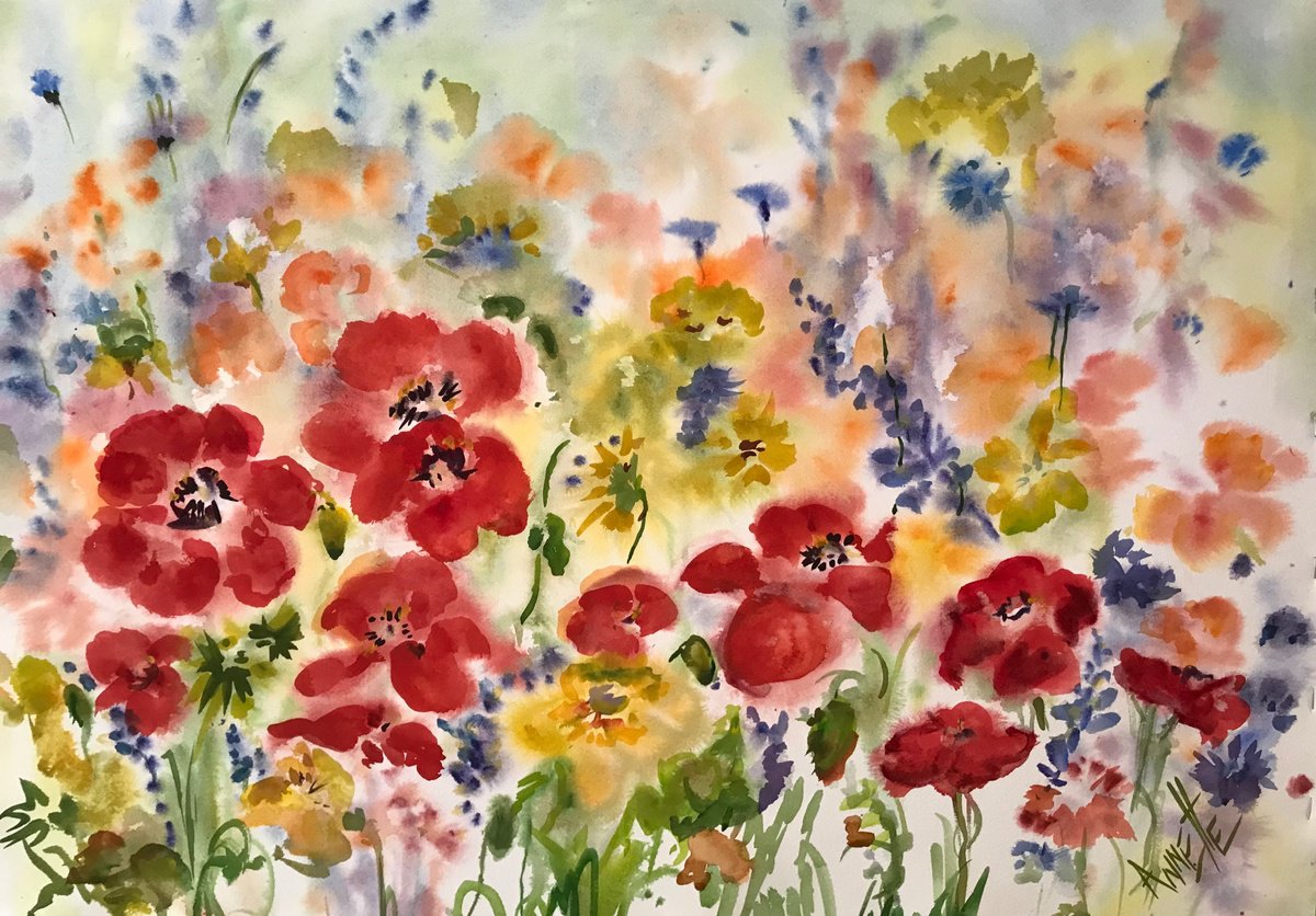 Impressionistic Botanical Watercolour By Annette Wolters, 24 X 18, Red Wild Poppies, Original Artwork