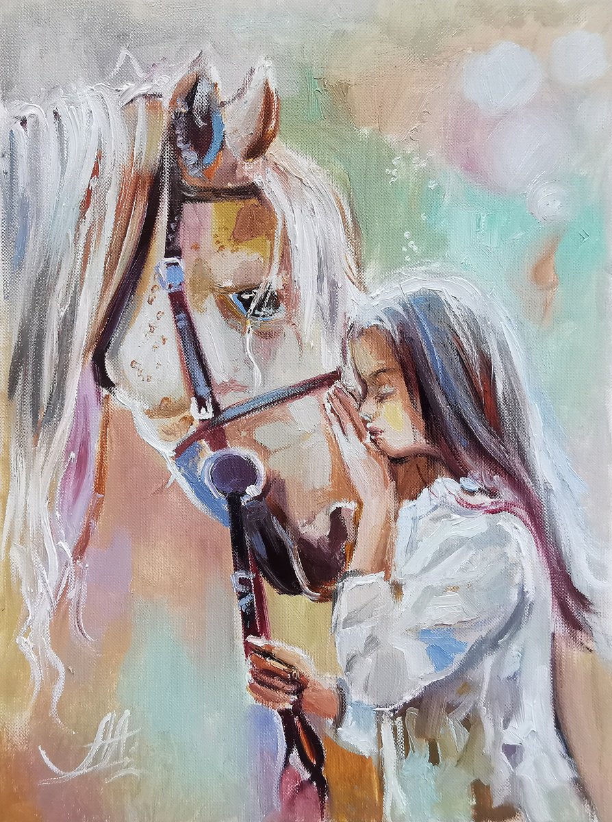 Oil painting on canvas with a girl and a horse by Annet Loginova