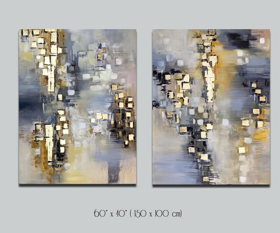 Neutral Elements - Abstract Painting Set of Two Paintings, Multi Panel Abstract, ORIGINAL Painting, Gold Leaf Painting, Black and Gold, Large Art