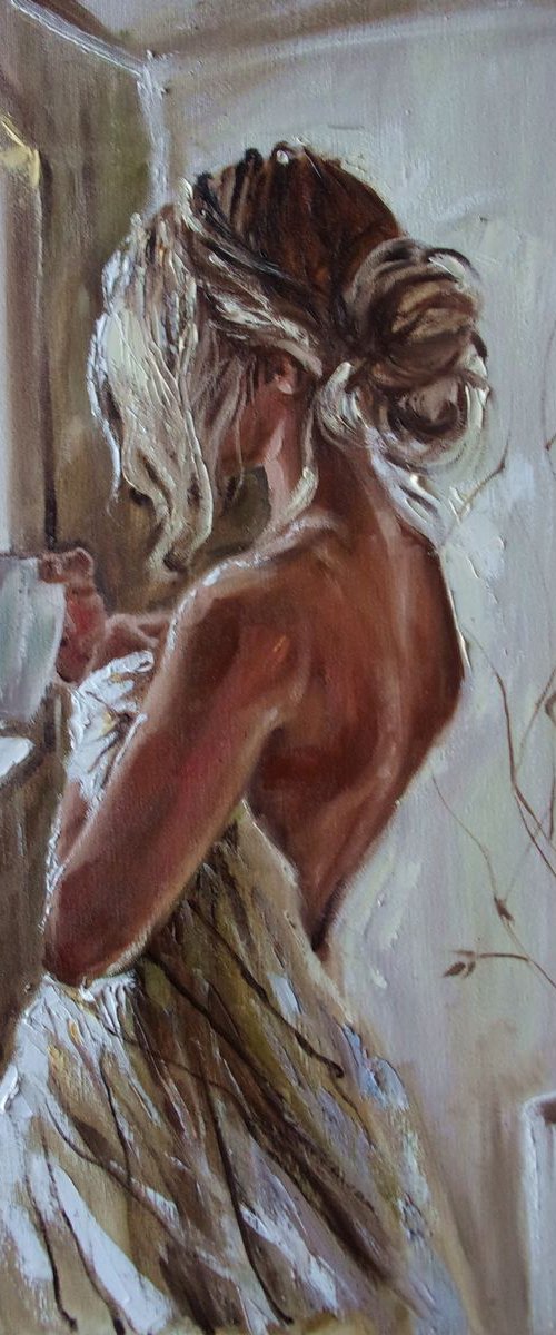 " FRESH MORNING COFFEE  " - 40x60cm original oil painting on canvas, gift, palette kniffe by Monika Luniak