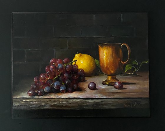 Lemon, Copper Cup and Grapes, Still Life Original Oil Painting on Wood by Nina R.Aide