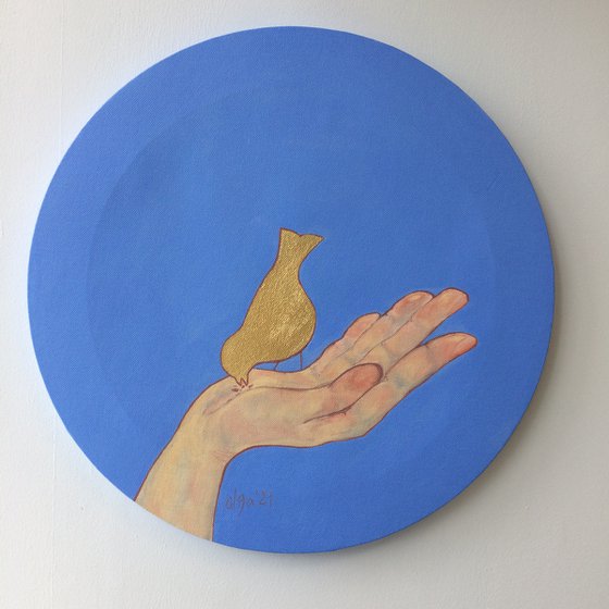 Original round painting - Hand and bird - Oil and golden leaf art for living room (2021)