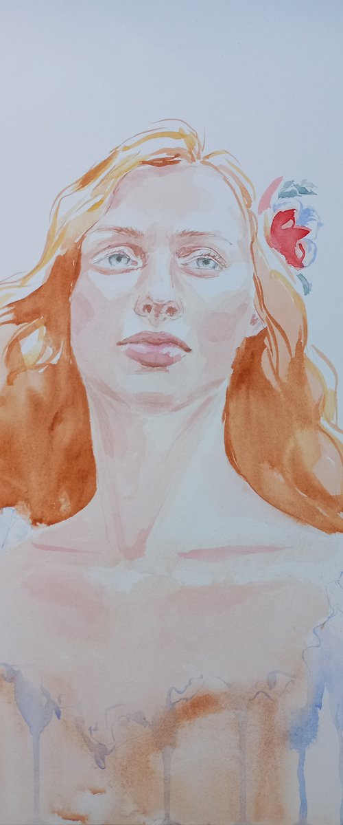 Chastity. Watercolor woman portrait 27x39 cm/11x15 in by Tatiana Myreeva