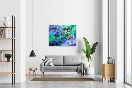 Modern abstract art blue green gold metallic painting, Summer vibes