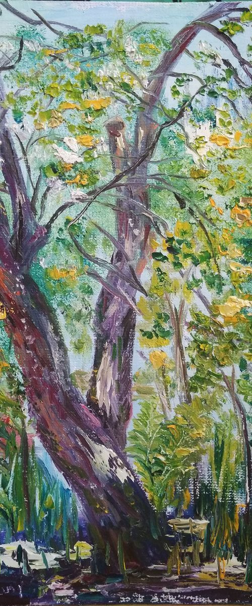 Three in the Garden Plein Air Painting by Oksana Fedorova