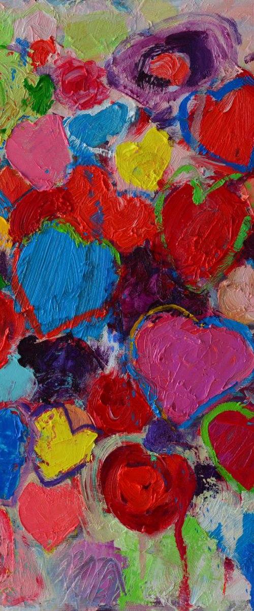 COLORFUL HEARTS AND FLOWERS - abstract expressionist palette knife oil painting by ANA MARIA EDULESCU