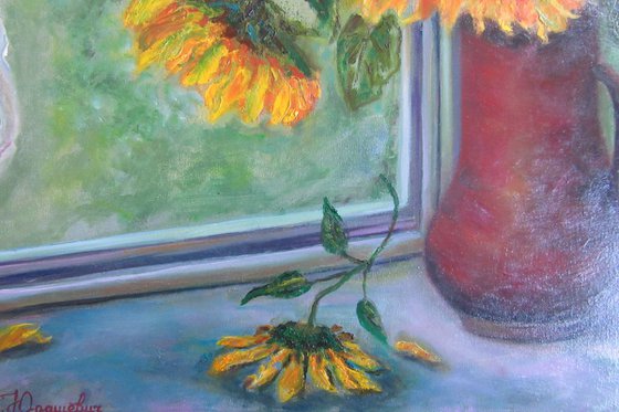 Sunflowers Floral Arrangement Impressionistic Gift Home Bedroom Decor Blue Traditional Women Window Modern Wall Art (19.7x19.7 in.)