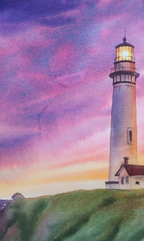 Lighthouse Sunset #2 Original by Olga Beliaeva Watercolour