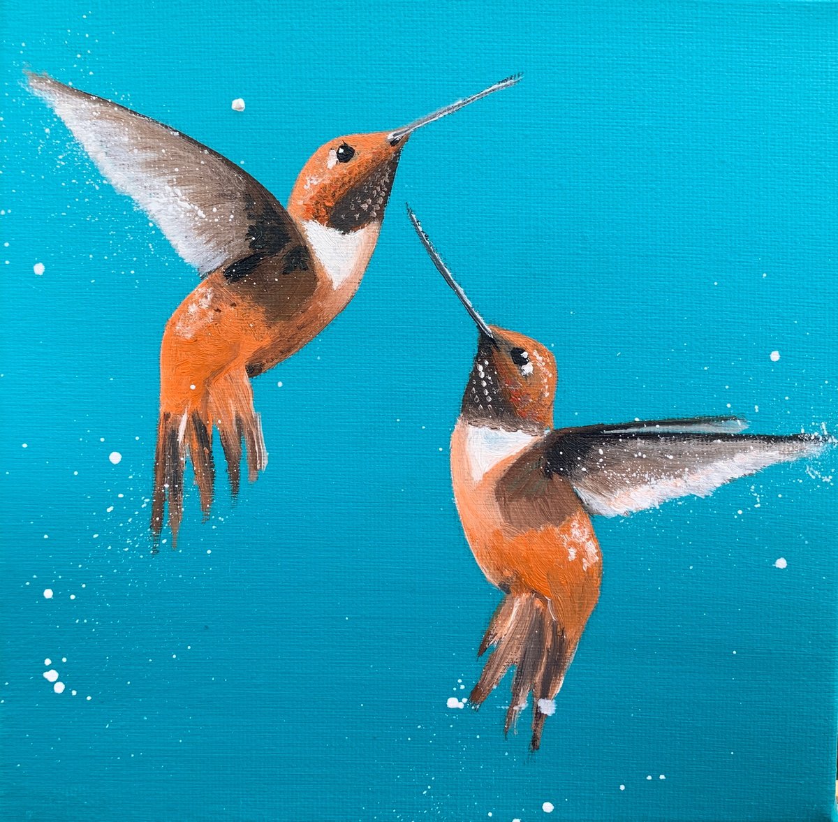 Impressionistic Animal Painting By Laure Bury, 8 X 8", Rufous Hummingbirds, Original Artwork