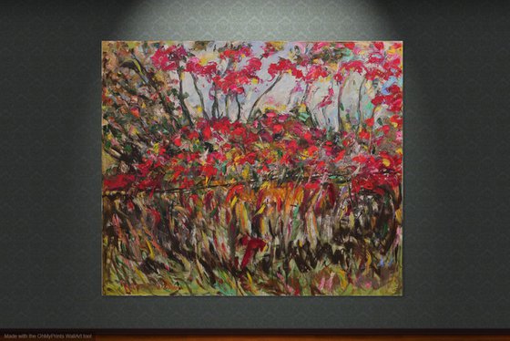 CHARMING AUTUMN COLOURING - XL large landscape painting original, oil on canvas, red autumn, interior art home decor 170x200