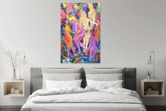 EROTICA. PINK - erotic nude theme,  Libra zodiac sign- large artwork, figurative, love, lovers, night, erotism