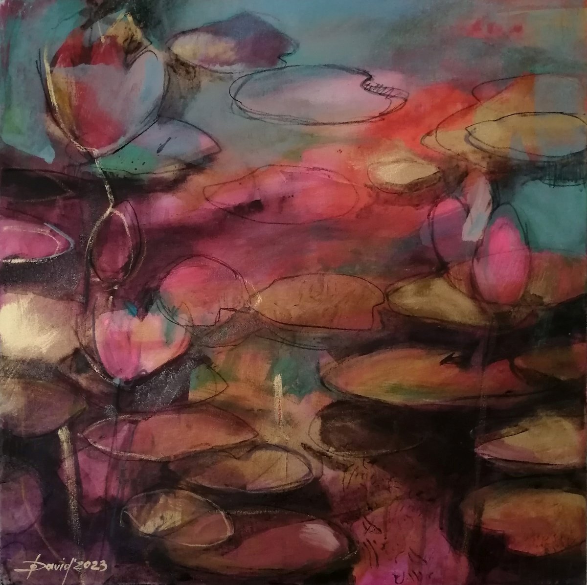 Impressionistic Botanical Acrylic Painting By Olga David, 24 X 24", Gold Water Lilies, Original Artwork