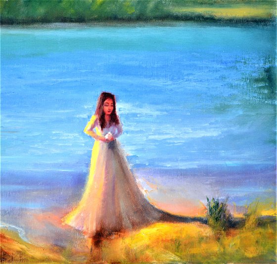 Lady with a Bird on Bank of a Lake