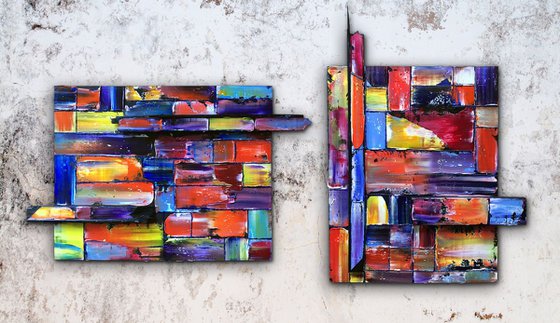 "Get In Shape" - FREE USA SHIPPING - Original Diptych PMS Mixed Media Sculptural Paintings On Wood, Framed -  45 x 26 inches