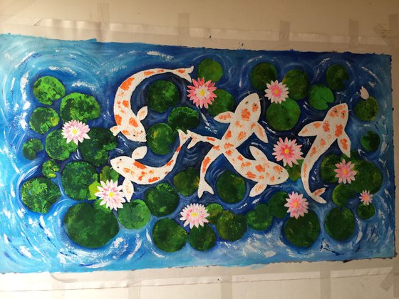 Koi Fish and Water Lilies !! Large Painting ! Feng Shui ! Textured color !! Knife Art !!