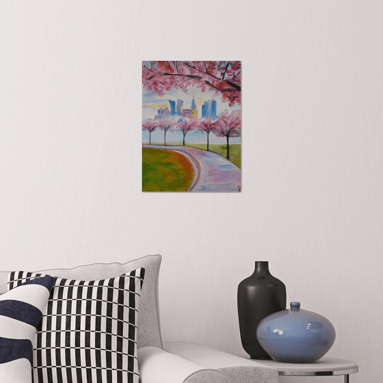 New York painting, Sakura flowers original watercolor painting, spring Manhattan