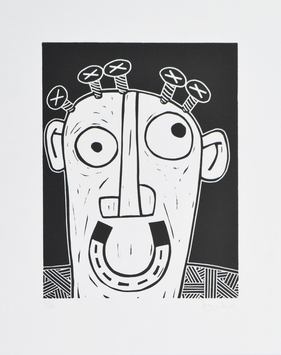 Graphic Portrait Linocut By Julian Davies, 9 X 11", Lucky Jim, Original Artwork