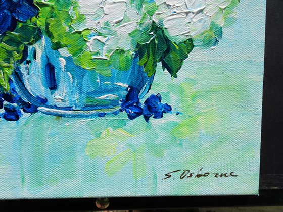 White and Blue Hydrangea Small Painting on Canvas. Modern Impressionism Contemporary Art