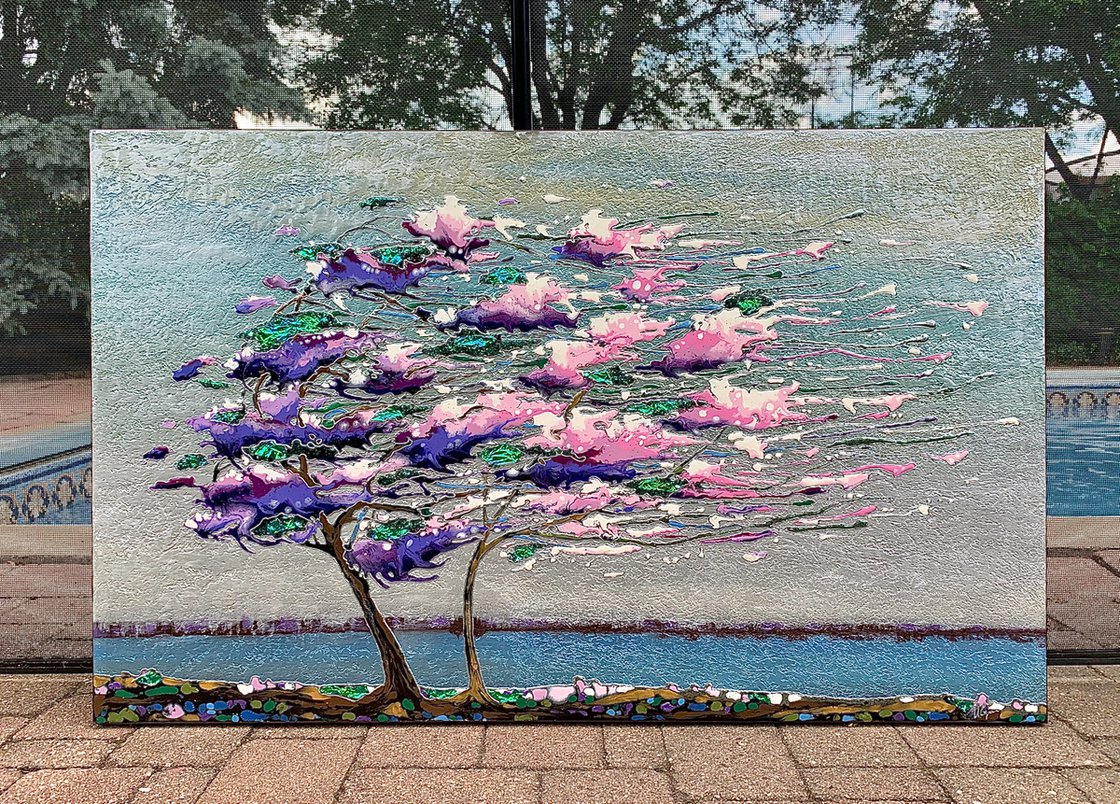 Original Mixed-media Painting - Flying Sakura Tree by Inna Deriy