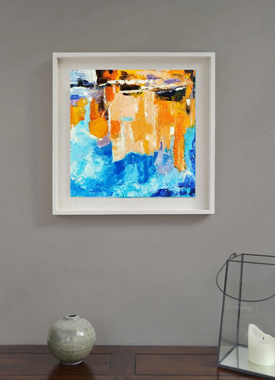 Reflections N 2, Abstract Painting Small Original Art Blue Orange Beige Artwork Multicolor Geometric Wall Art