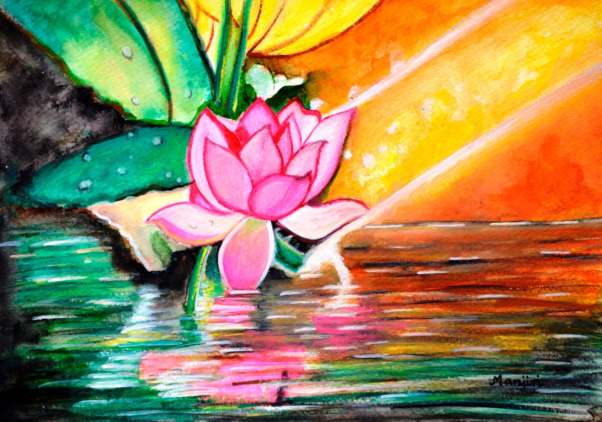 Lotus Sunrise a vibrant cheerful painting on sale by Manjiri Kanvinde