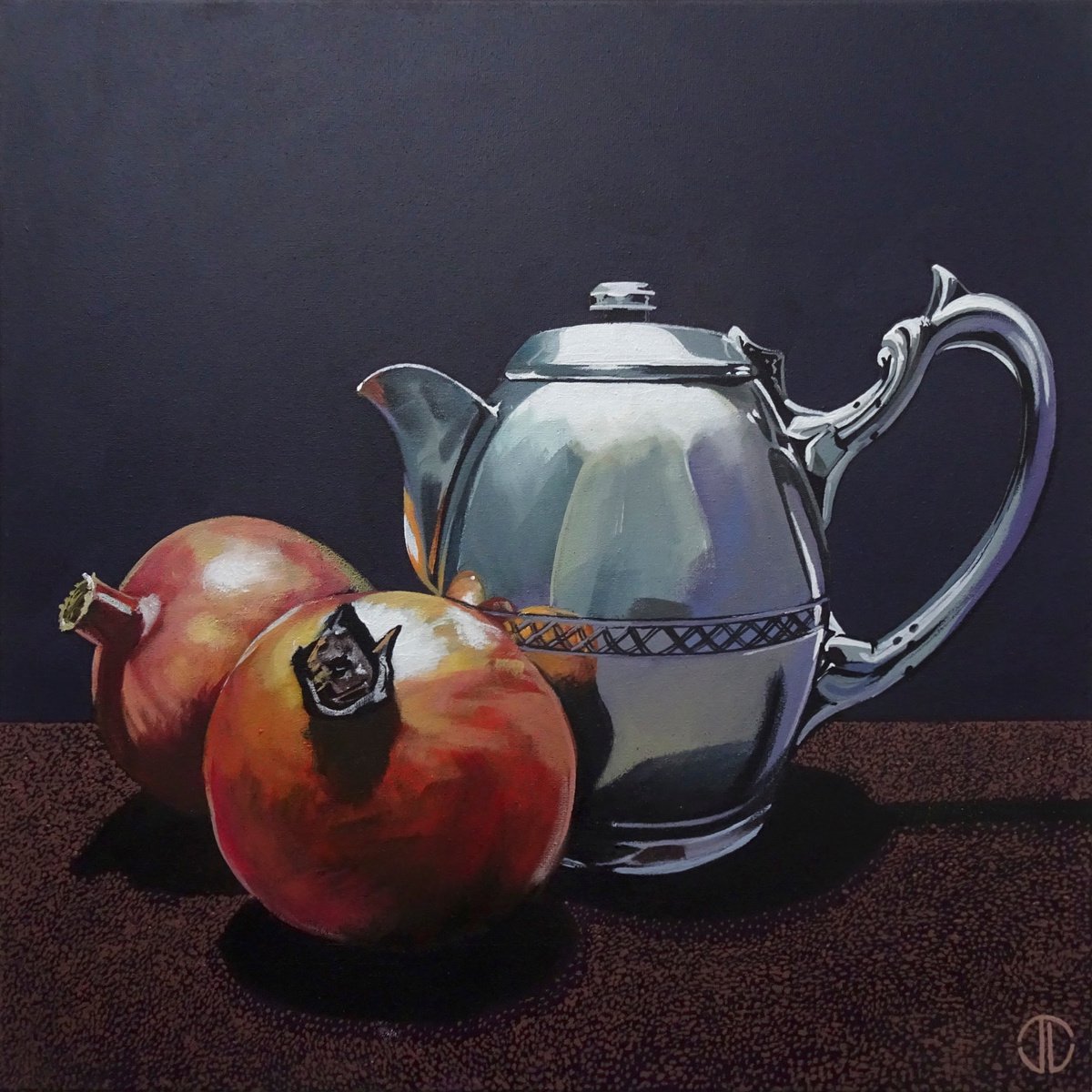 Photorealistic Still Life Acrylic Painting By Joseph Lynch, 20 X 20, Still Life Silverware And Fruit, Original Artwork