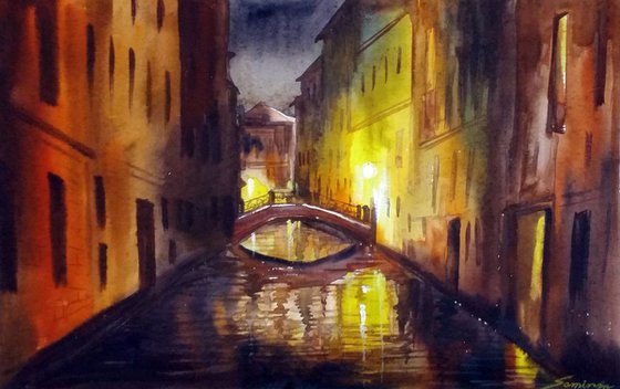 Night Venice Canals - Watercolor Painting