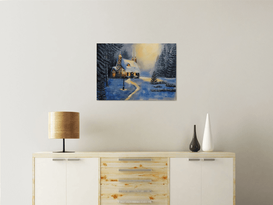 Christmas tale, original winter, forest, house, snow, landscape oil painting