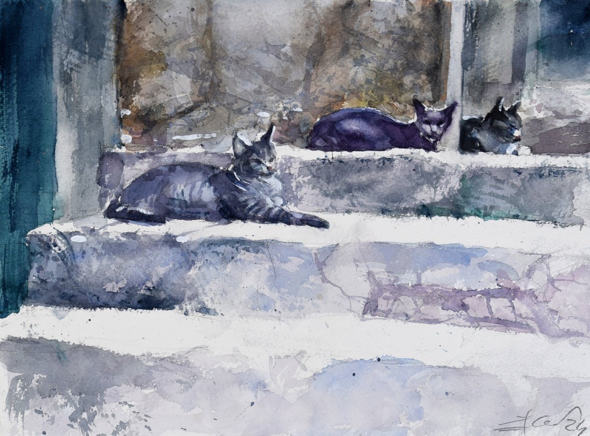 Animal Watercolour By Goran Zigolic Watercolors, 15 X 11, Three Cats, Original Artwork