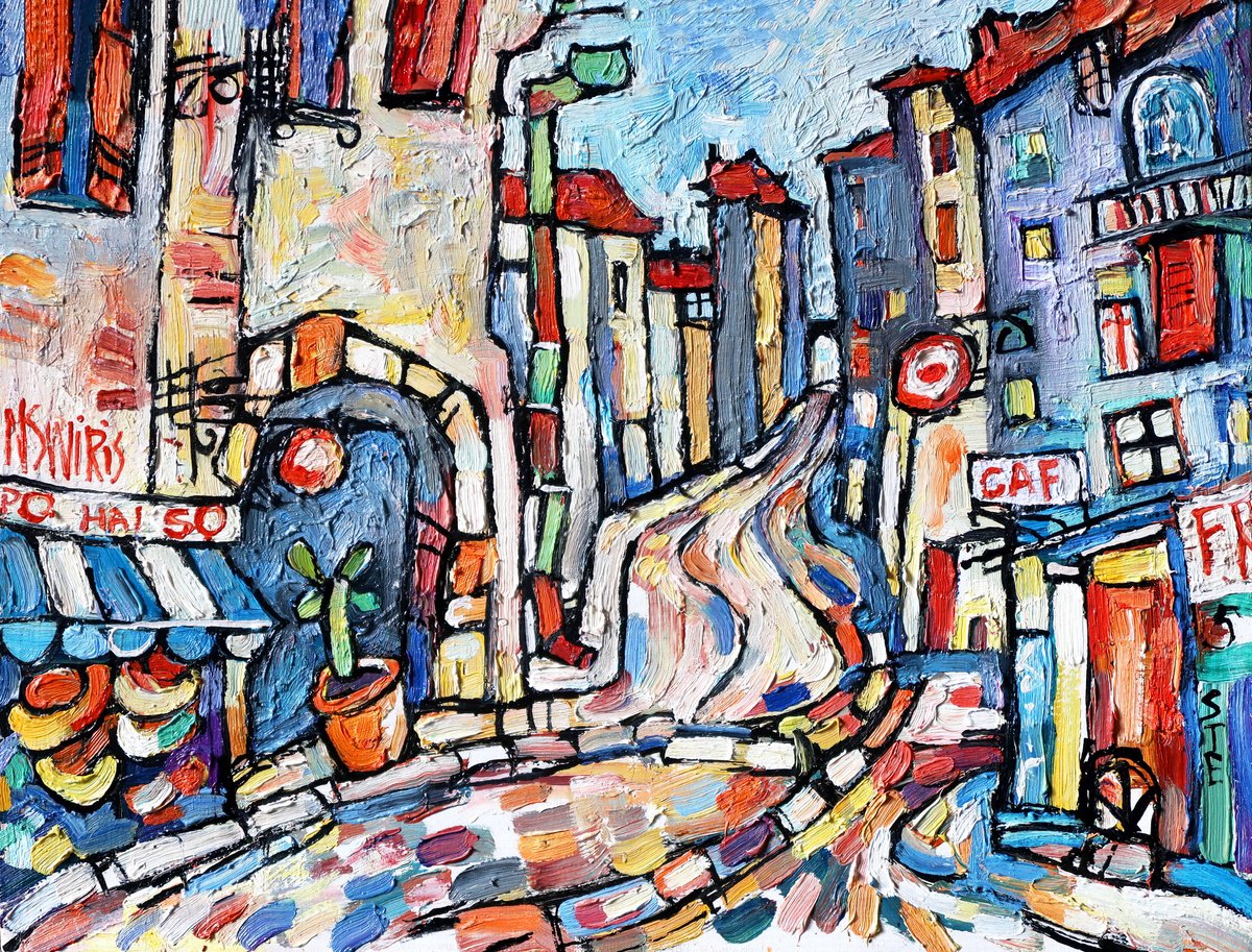 Impressionistic Cityscapes Oil Painting By Nikifor Swiristuhin, 16 X 12", A Street In Provence., Original Artwork