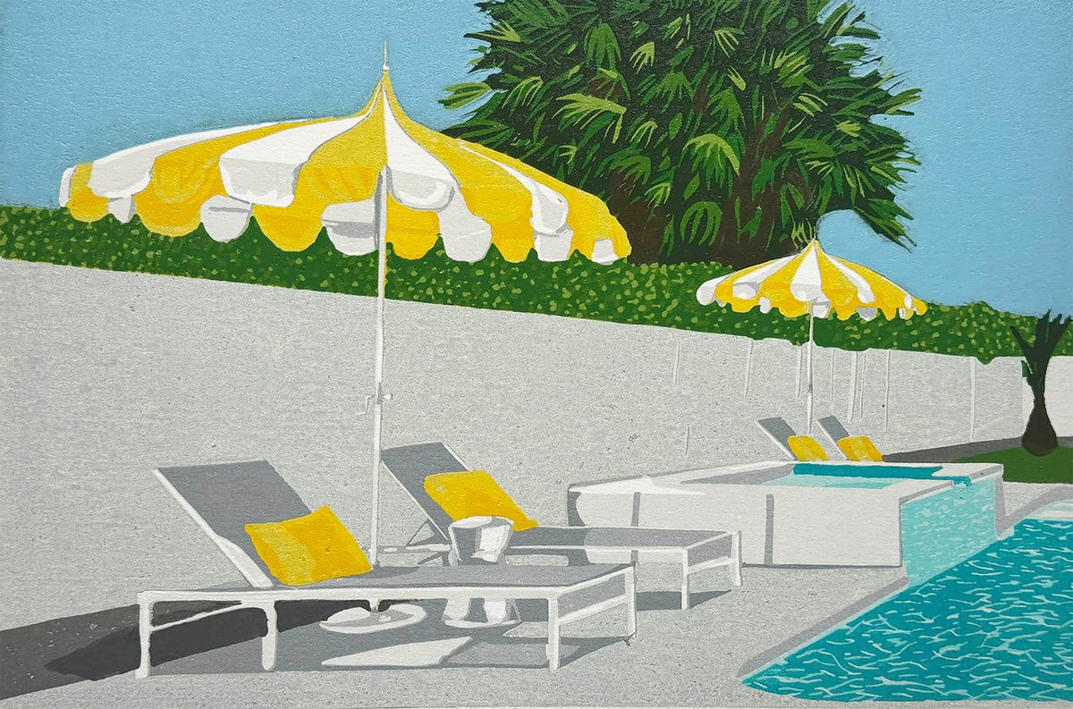 Illustrative Landscape Linocut By Kirstie Dedman, 14 X 10", Palm Springs Series 3, Original Artwork