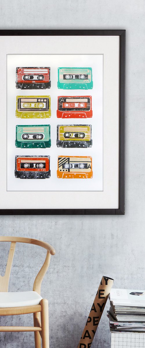 Linocut tapes #8 (cassette tapes, retro music, 70's, 80's rock culture) by Carolynne Coulson