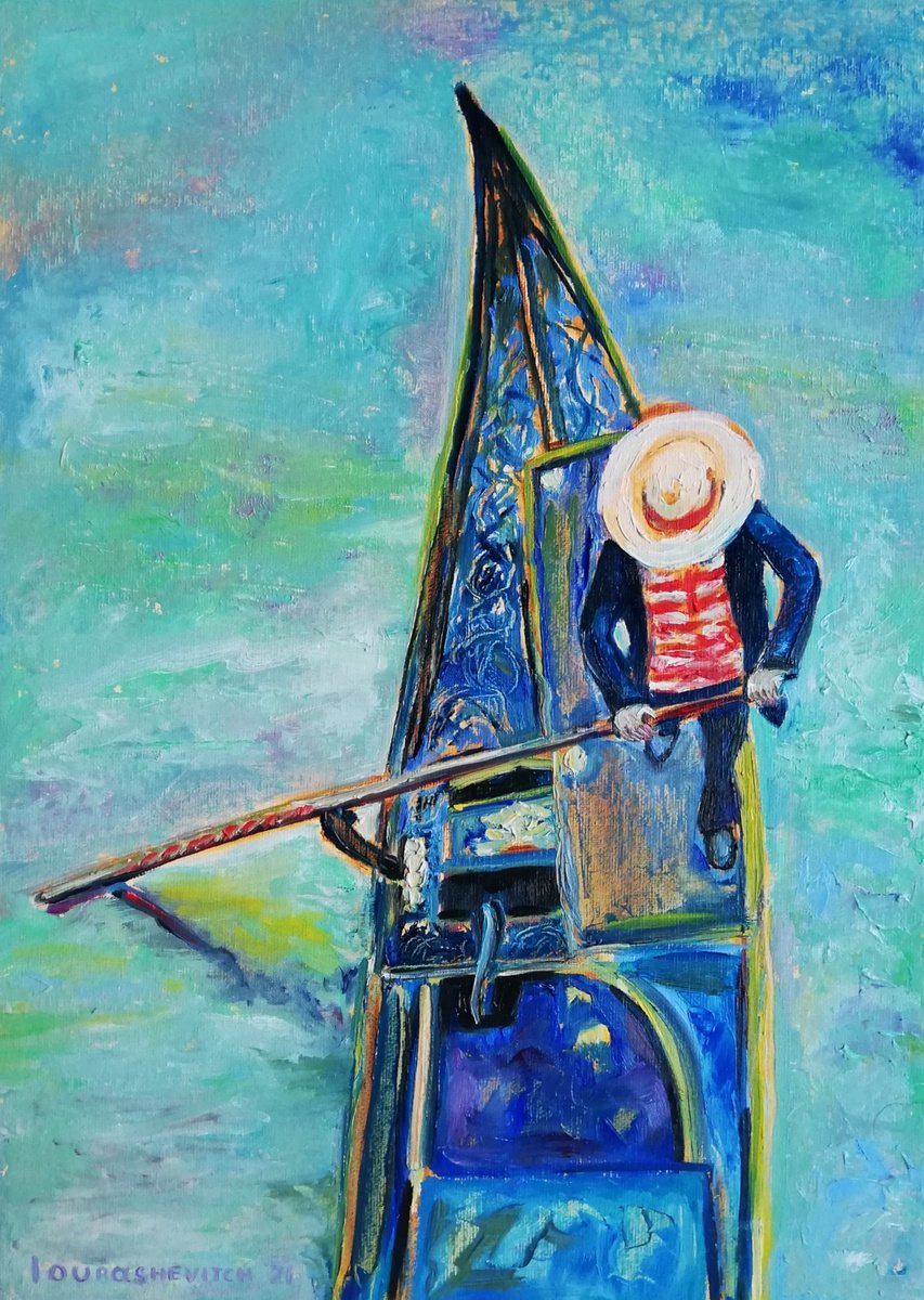 A Gondolier in Venice Original Oil Painting on Canvas Board 25x35cm/10x14 in by Katia Ricci