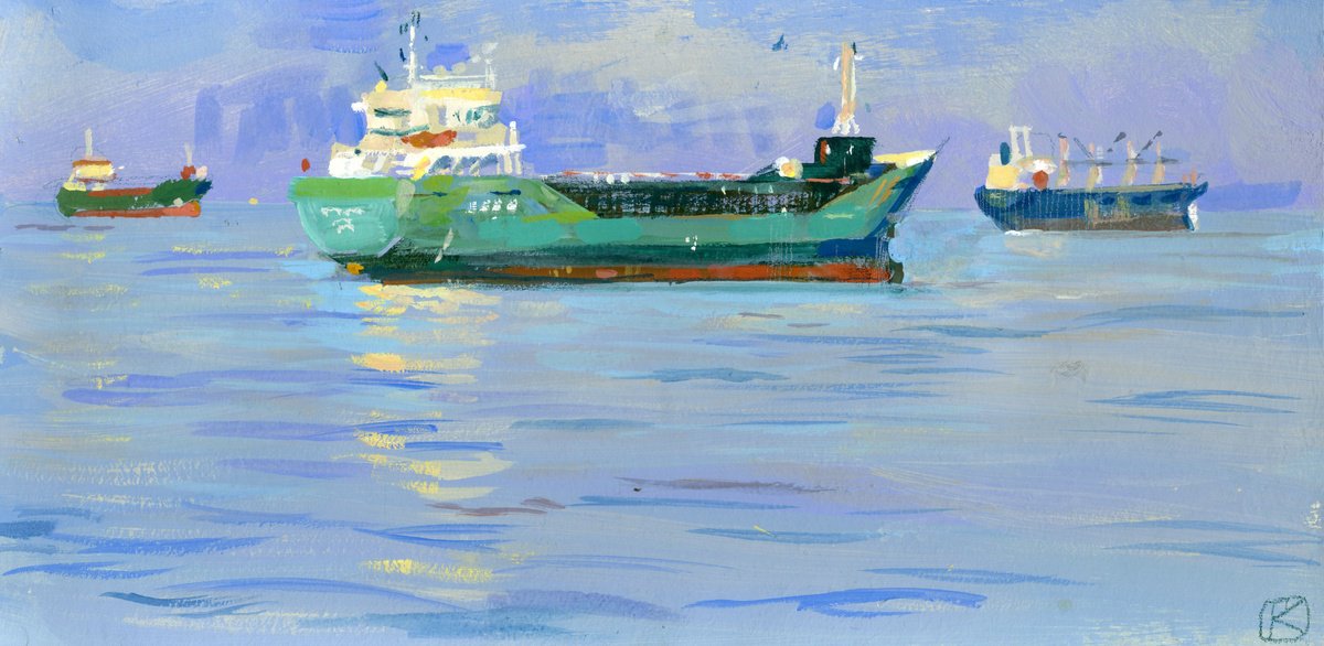 Impressionistic Landscape Painting By Olga Kataeva-Rochford, 16 X 8", Quiet Sea, Original Artwork