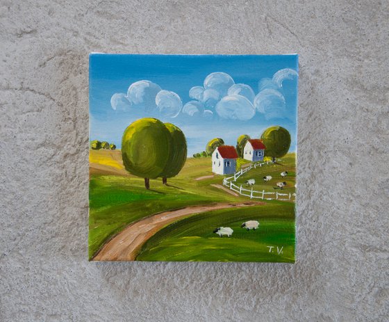 Naive rural landscape. Oil painting. 6 x 6in.
