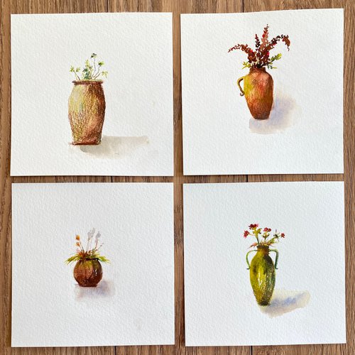 Plant in a jar. Set of four small watercolors by Anna Boginskaia