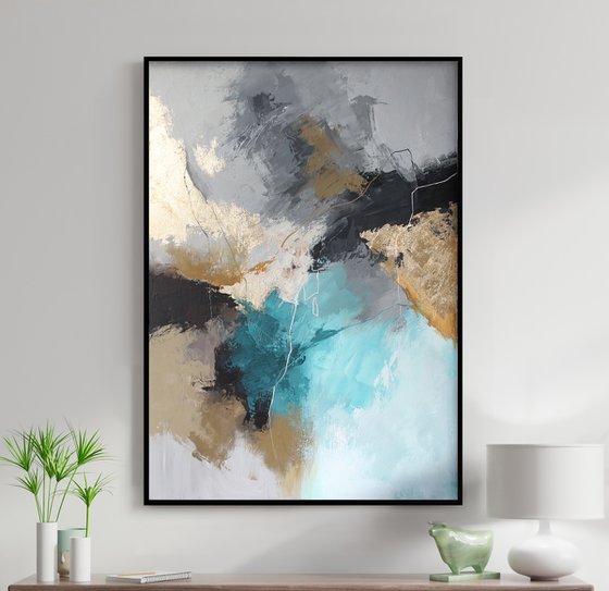 "Blue Rime" Abstract teal gray gold art