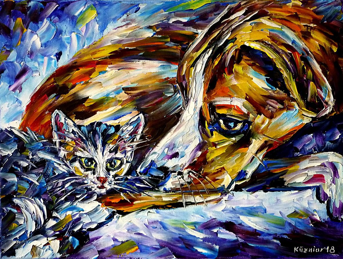 Expressive Animal Oil Painting By Mirek Kuzniar, 16 X 12", Best Friends I, Original Artwork