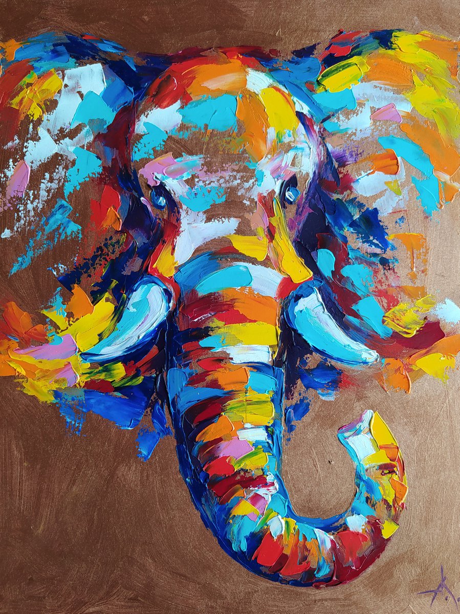 Steel - oil painting, elephant, elephant face, animal face, animals oil painting, impressi... by Anastasia Kozorez