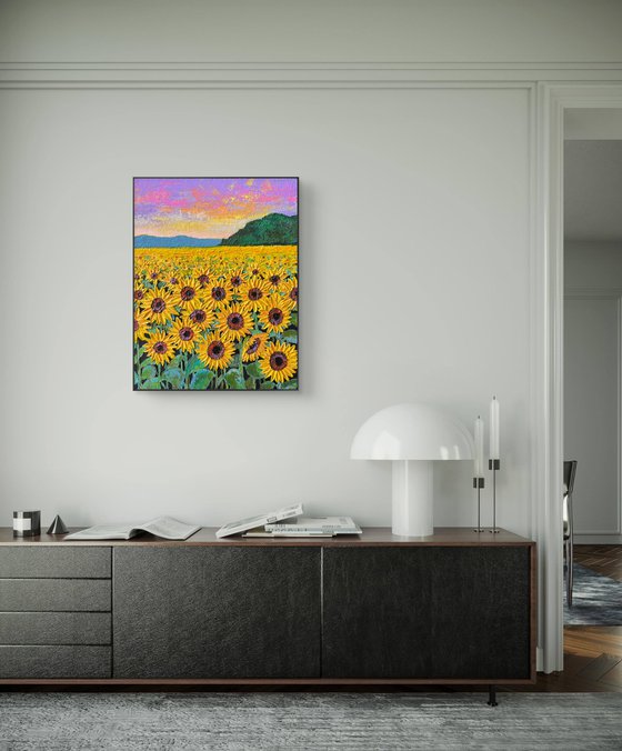 Sunflowers field at sunset