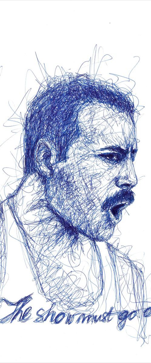 Freddie Mercury blue line portrait sketch by Mateja Marinko