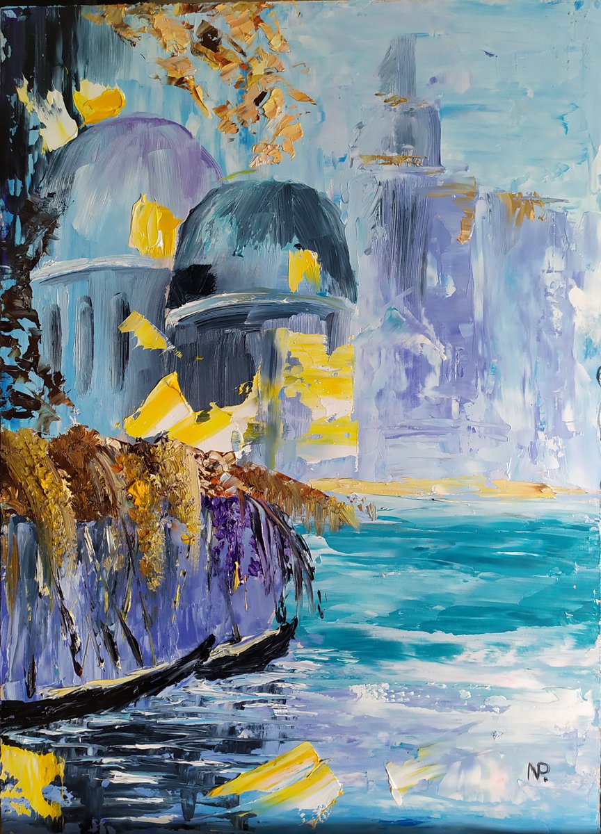 Abstract city, original oil painting, gift art, impressionistic work by Nataliia Plakhotnyk