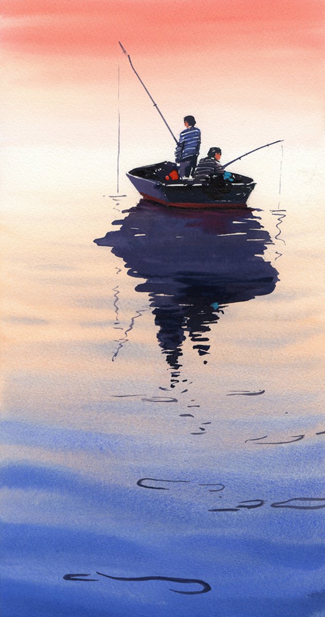 ????Sunset???? - Original watercolor painting on paper, sea, lake, seascape, sunset by Alina Shangina ??