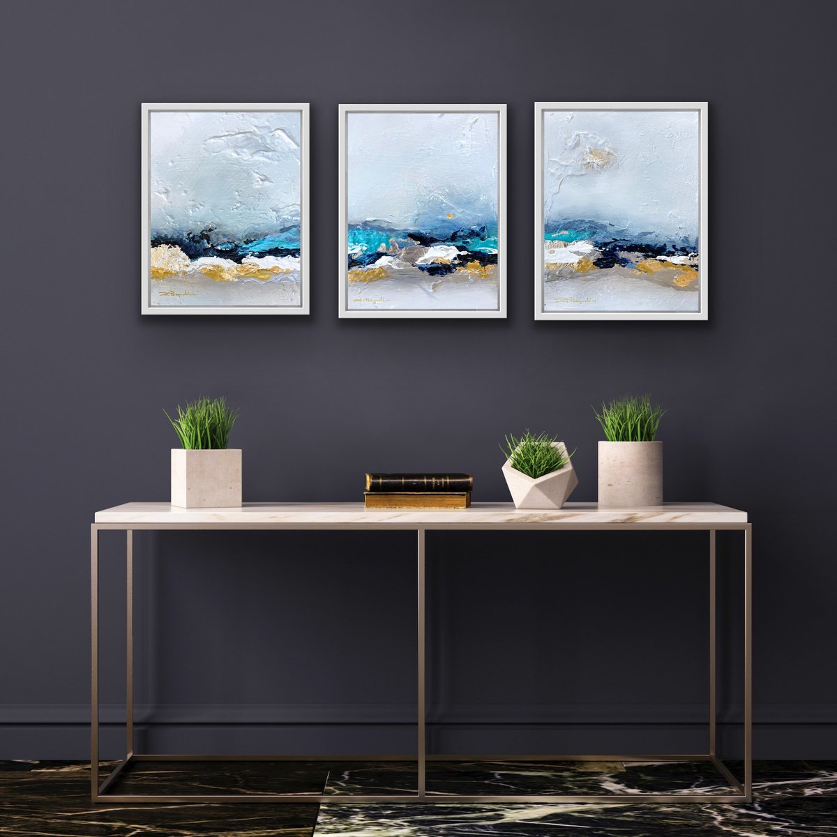 Poetic Landscape XXXb - Composition 3 paintings framed - Wall Art Ready to hang by Daniela Pasqualini