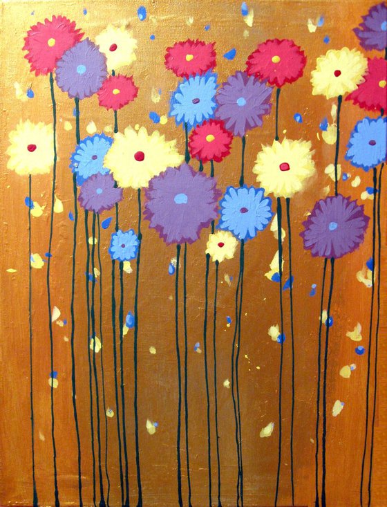 flower gold multi "Flowers on Gold" colour original abstract floral painting art canvas - 18 x 24 "