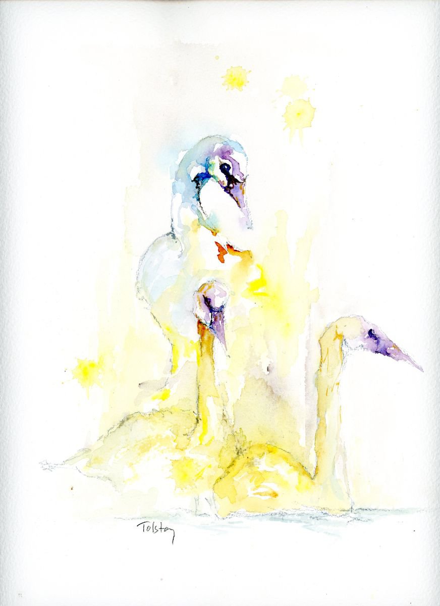 Impressionistic Animal Watercolour By Alex Tolstoy, 9 X 12, Three Swans, Original Artwork